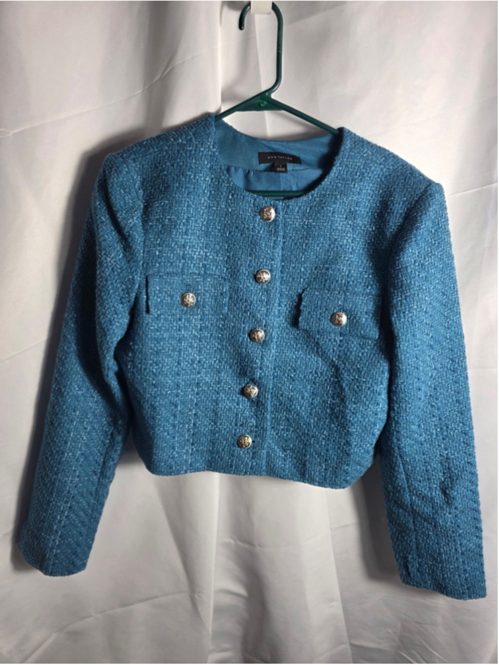 Women's Ann Taylor Blue Tweed Cropped Blazer Jacket Size 6 fall chic trendy